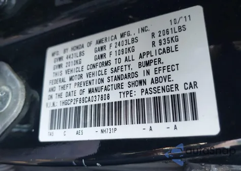 2012 Honda Accord Sdn 2.4 Ex-L/Ex-L from USA, damaged, VIN 1HGCP2F89CA037808